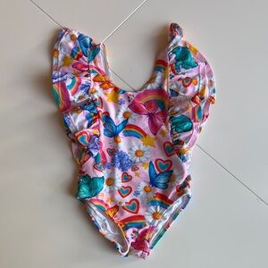 NWOT Posh Peanut Butterfly and Rainbow Colorful Flutter Sleeve Swimsuit - 2T